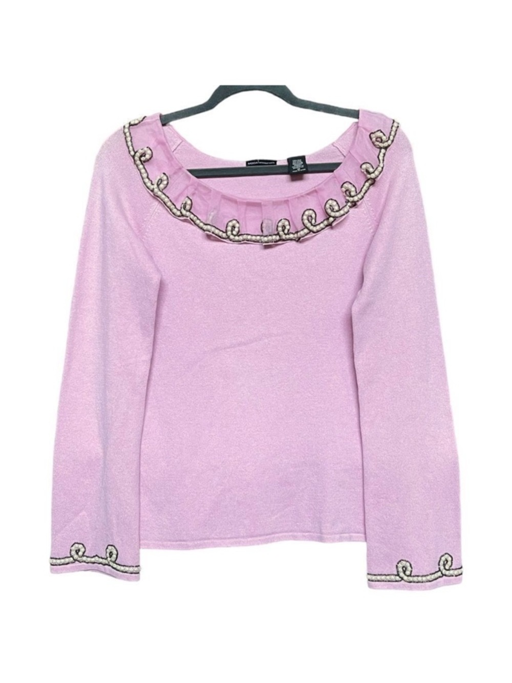 MODA INTERNATIONAL Barbie World Pink Beaded Ruffle Ballet Neck Knit Swea…